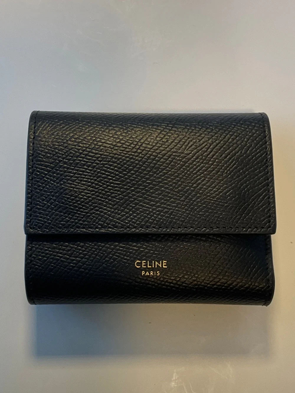 Celine Black Textured Leather Fold Wallet with Gold Logo